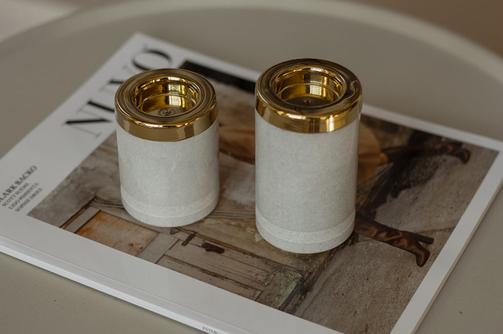 Marble Brass Inlay Tealight Holders, Set of 2